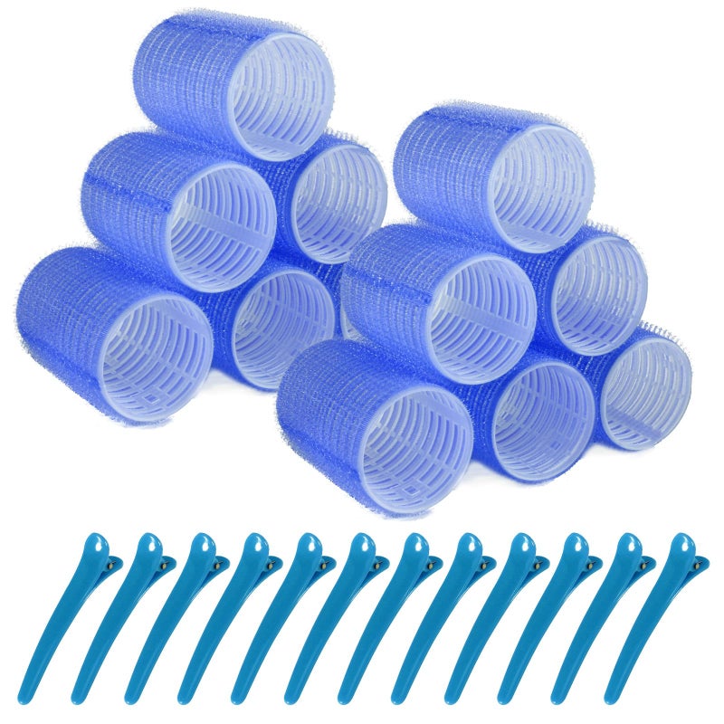 BESSEEK Hair Rollers, 12 Pack Hair Curler Large Hair Rollers for Women, Self Grip Hair Roller with Clips, Blue - Image 1