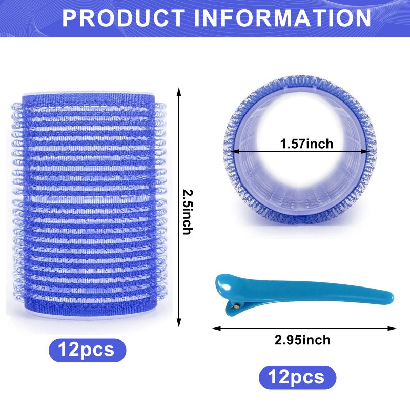 BESSEEK Hair Rollers, 12 Pack Hair Curler Large Hair Rollers for Women, Self Grip Hair Roller with Clips, Blue - Image 2