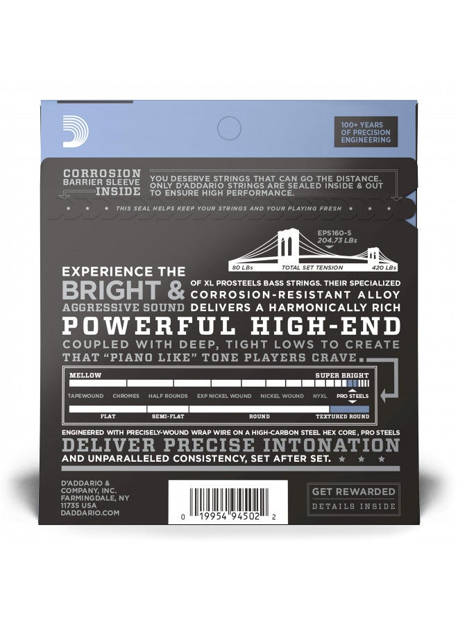 D'Addario XL ProSteels Bass Guitar Strings - EPS160-5 - 5 String - Long Scale - Medium, 50-135 - Image 1