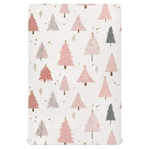 Pfrewn Christmas Crib Sheets for Boys Girls Pink Pastel Christmas Trees Star Gold Glitter Fitted Crib Sheet for Mini Crib Mattress Stretch Soft Winter Pattern Toddler Baby Playard Sheet39x27IN - Image 1