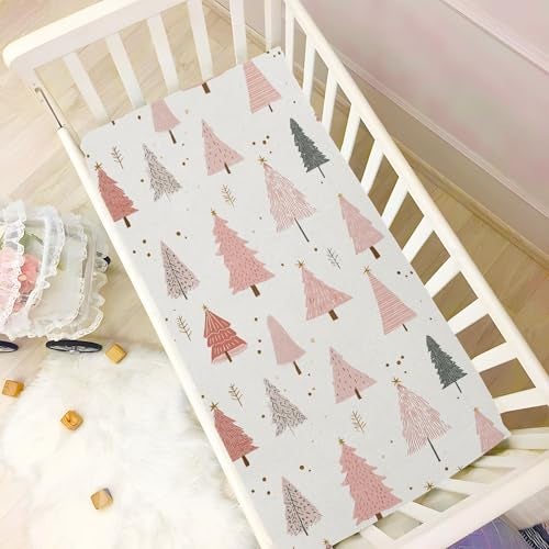 Pfrewn Christmas Crib Sheets for Boys Girls Pink Pastel Christmas Trees Star Gold Glitter Fitted Crib Sheet for Mini Crib Mattress Stretch Soft Winter Pattern Toddler Baby Playard Sheet39x27IN - Image 3