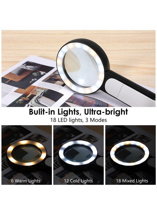 موكو عدسة مكبرة مع ضوء، عدسة مكبرة كبيرة محمولة باليد 30X 18 مصباح LED 3 أوضاع مكبرة مضيئة للأطفال المسنين للقراءة والمجلات والعملات والمجوهرات والاستكشاف والتفتيش، باللون الأسود - Image 3
