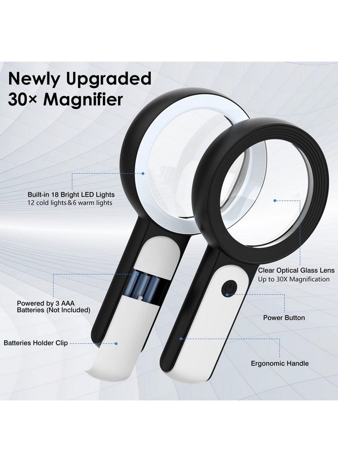 موكو عدسة مكبرة مع ضوء، عدسة مكبرة كبيرة محمولة باليد 30X 18 مصباح LED 3 أوضاع مكبرة مضيئة للأطفال المسنين للقراءة والمجلات والعملات والمجوهرات والاستكشاف والتفتيش، باللون الأسود - Image 2
