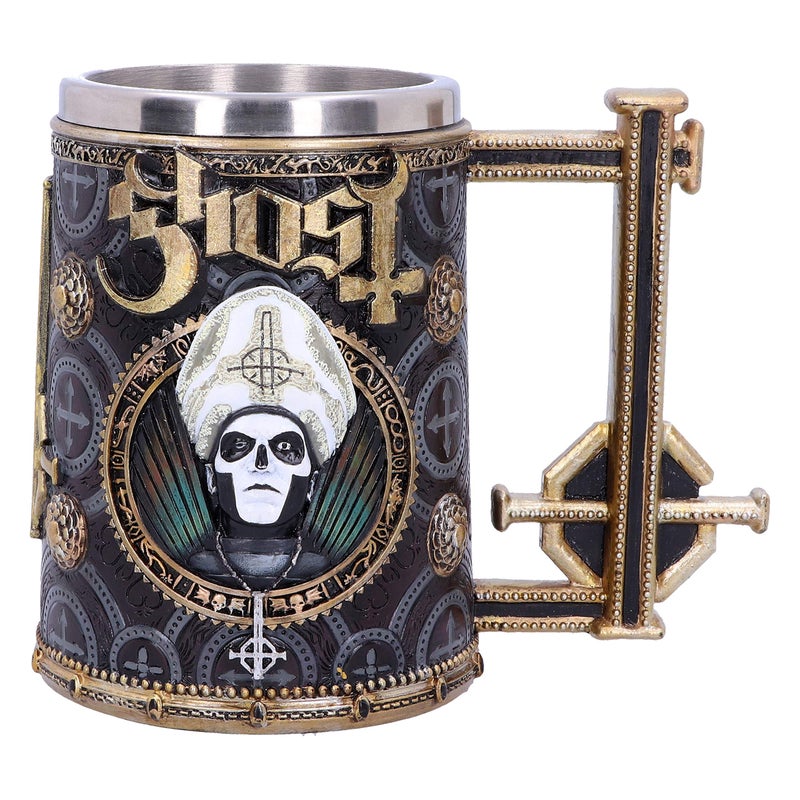Nemesis Now Licensed Ghost Papa Emeritus III Meliora Gold Tankard Resin w Stainless Steel
