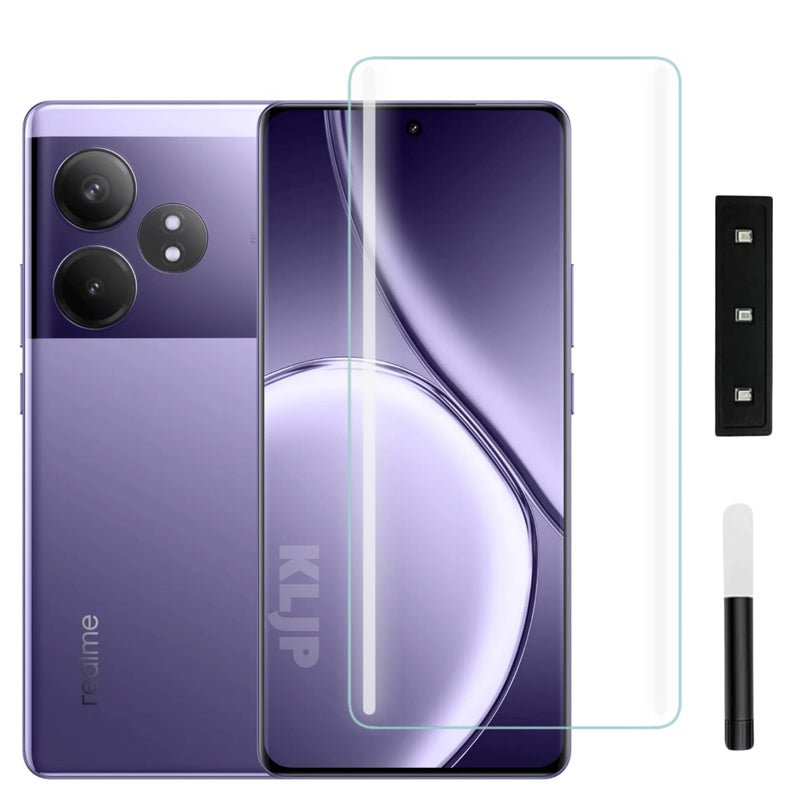KLJP حماية شاشة زجاجية مقواة HD+ UV متوافقة مع Realme GT 6T 5G / GT 6 5G، (عبوة من 1) لاصقة بالكامل مع انحناء صديق للحالات ووضوح HD+ - Image 1