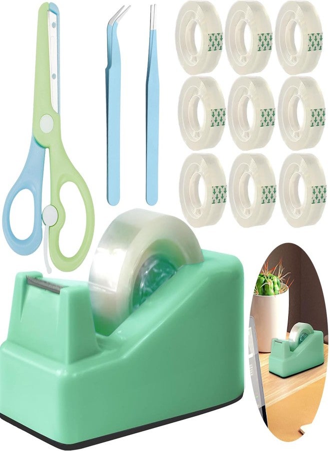 XEUZK Desktop Tape Dispenser Kits with Weighted Nonskid Base Tape Dispenser- Includes 9 Rolls of Transparent Tape(0.71 Inch x 500 inches Each) & Blue Scissors, 2 Pcs Tweezers (Green) - Image 1