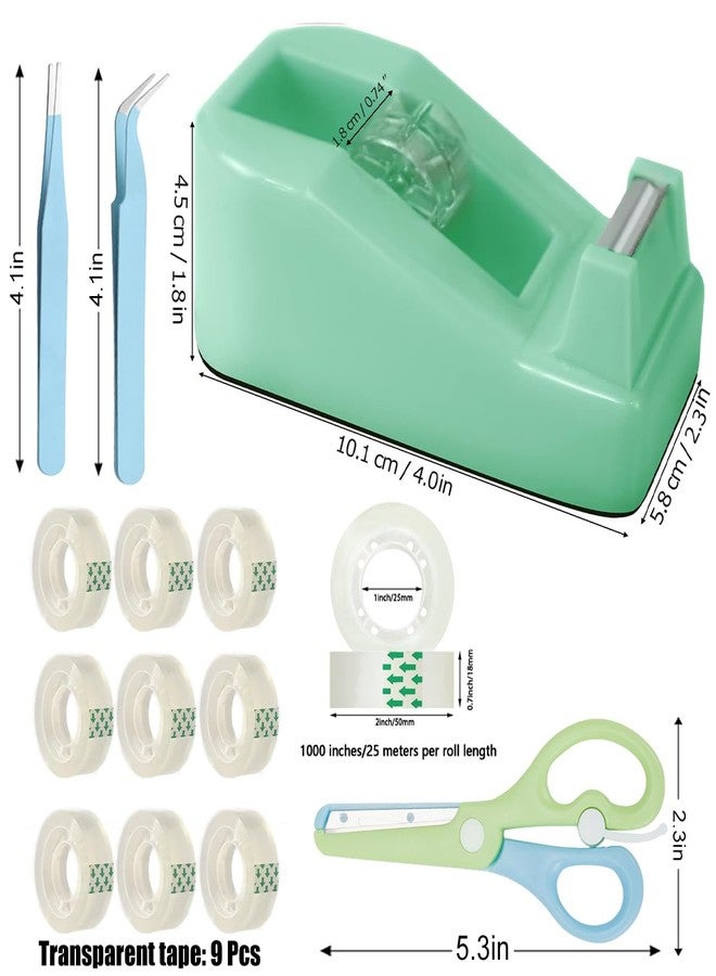 XEUZK Desktop Tape Dispenser Kits with Weighted Nonskid Base Tape Dispenser- Includes 9 Rolls of Transparent Tape(0.71 Inch x 500 inches Each) & Blue Scissors, 2 Pcs Tweezers (Green) - Image 2