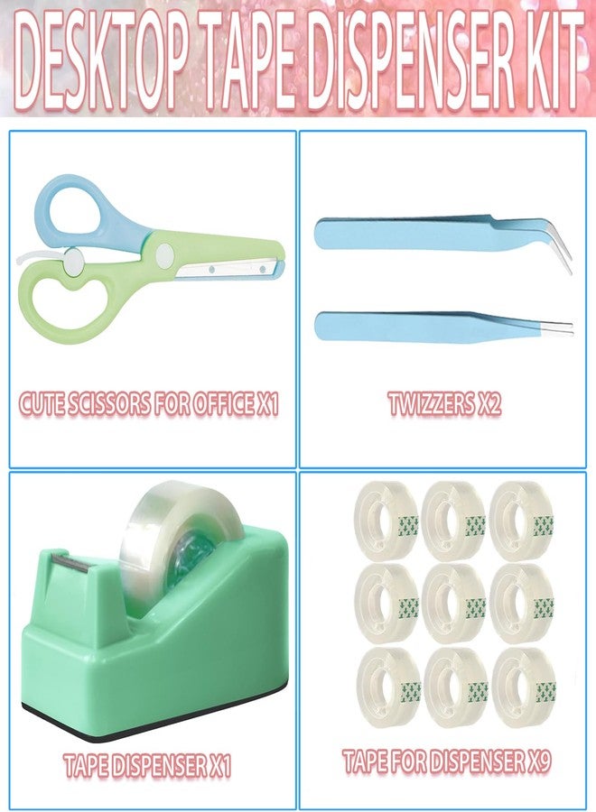 XEUZK Desktop Tape Dispenser Kits with Weighted Nonskid Base Tape Dispenser- Includes 9 Rolls of Transparent Tape(0.71 Inch x 500 inches Each) & Blue Scissors, 2 Pcs Tweezers (Green) - Image 3