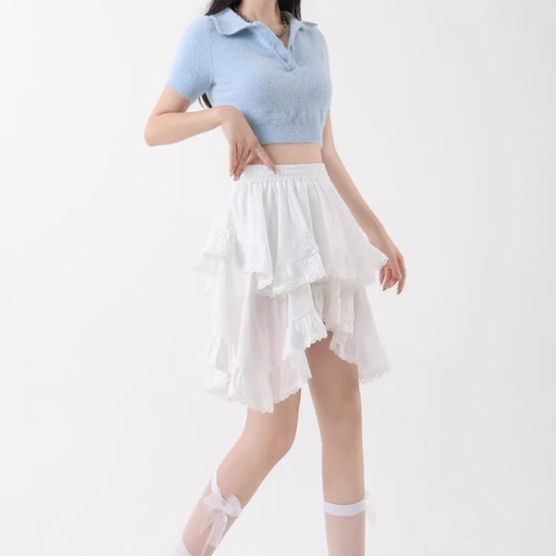 South Korea Personality Design Sense Irregular Lace Stitching Slim Cake Skirt Skirt Short Skirt - Image 1