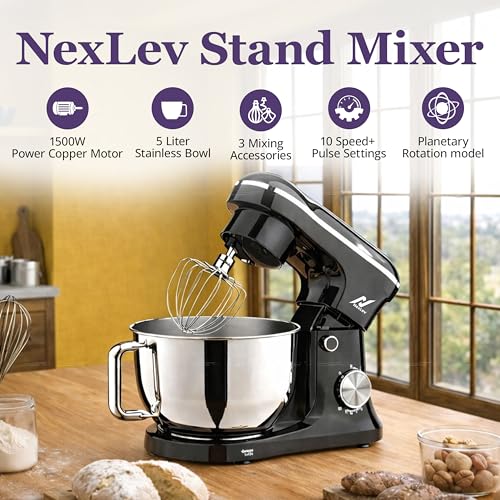 NexLev Stand Mixer | 5L SS Bowl | 1500W |10 Speeds | Pulse Function |Planetary Rotation | Whisk, Beater & Dough Hook |100% Copper Motor | For Roti Atta, Cookie Dough, Cake, Whip Cream & more | ST-01 - Image 2