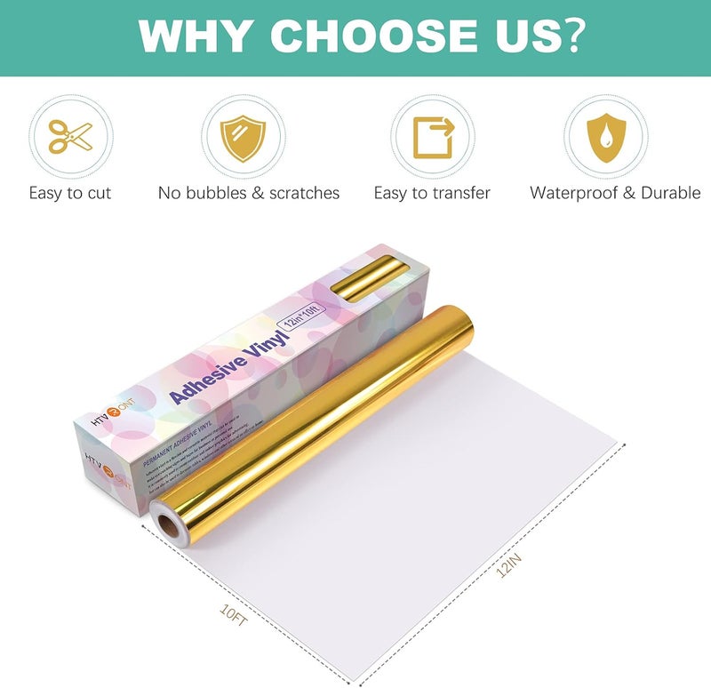 اتش تي في رونت فينيل ذهبي كروم - 12 بوصة × 10 أقدام فينيل ذهبي معدني مرآتي لـ Cricut - سهل الإزالة والنقل لفة فينيل دائم ذهبي - Image 5