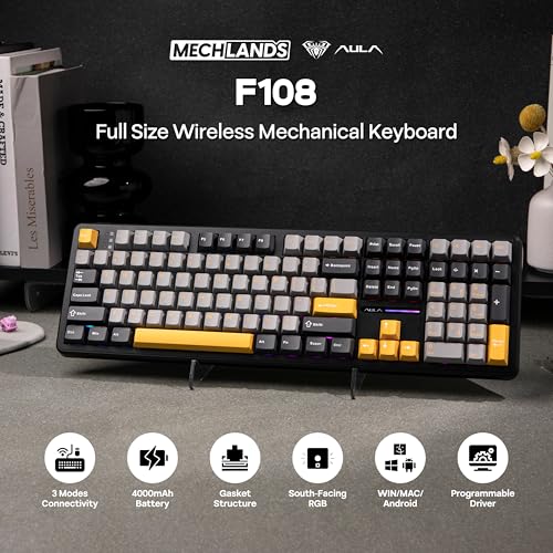 MechLands Aula F108 100 Wireless Gaming Keyboard Full Size Custom Gasket Mechanical Keyboard 4000mAh Battery Programmable 108 Keys HotSwappable for WinMac GreyYellow - Image 3