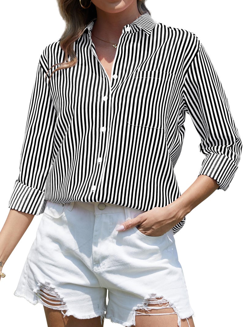 CUNLIN Black Button Down Shirt Women Blouses for Long Sleeve Up and White Tops Striped Top Clothes Blouse Womens Shirts Black Size L - Image 1