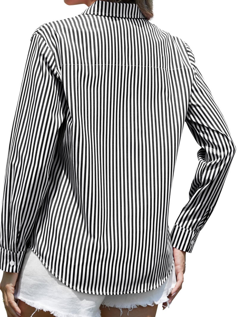 CUNLIN Black Button Down Shirt Women Blouses for Long Sleeve Up and White Tops Striped Top Clothes Blouse Womens Shirts Black Size L - Image 2