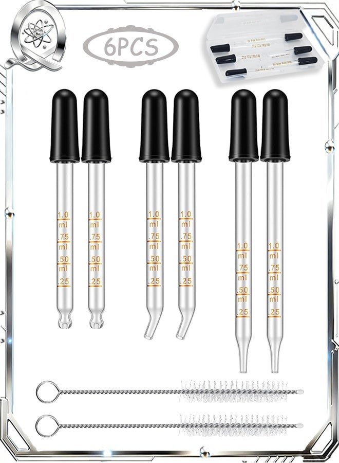Quantum 6 PCS Glass Pipette Dropper with Brush, Bent & Straight Tip Calibrated Glass Medicine Droppers, Accurate Dose Pipette Dropper for Essential Oils Lab - Image 1