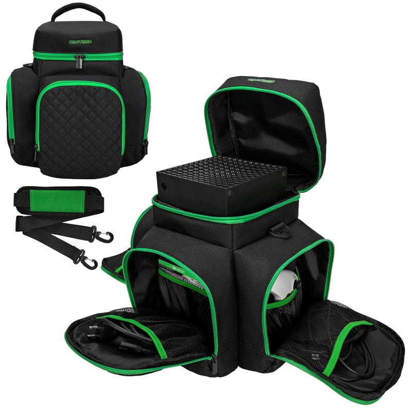 CROTIRAD Carrying Case Compatible with Xbox Series X Travel Bag with Multiple Storage Pockets for Xbox Controllers Headset Game Discs Cables and Other Accessories Green Zip - Image 2