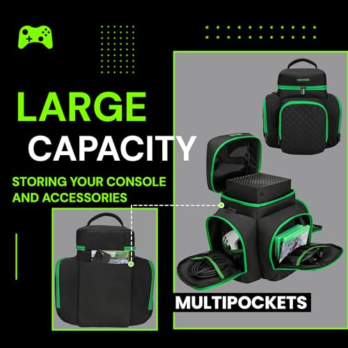 CROTIRAD Carrying Case Compatible with Xbox Series X Travel Bag with Multiple Storage Pockets for Xbox Controllers Headset Game Discs Cables and Other Accessories Green Zip - Image 3