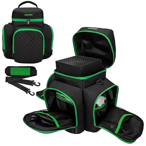 CROTIRAD Carrying Case Compatible with Xbox Series X Travel Bag with Multiple Storage Pockets for Xbox Controllers Headset Game Discs Cables and Other Accessories Green Zip - Image 1