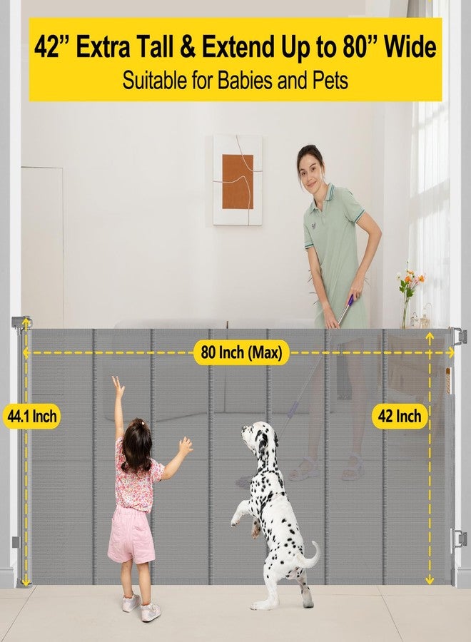 Bingguz Enhanced 42” Extra Tall & 80” Wide Retractable Baby Gates with Rods to Prevent Crawling Through, Extra Tall Dog Gate for Large Openings Indoor Outdoor Long Mesh Pet Gate for Stairs and Doorways, Gray - Image 4