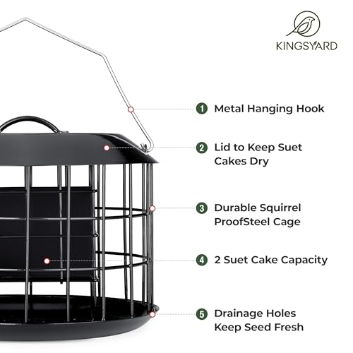 Kingsyard Squirrel Proof Suet Feeder, Cage Bird Feeders for Outdoors Hanging, All Metal, Double Suet Cake Capacity, Tray & Weatherproof, Black - Image 4