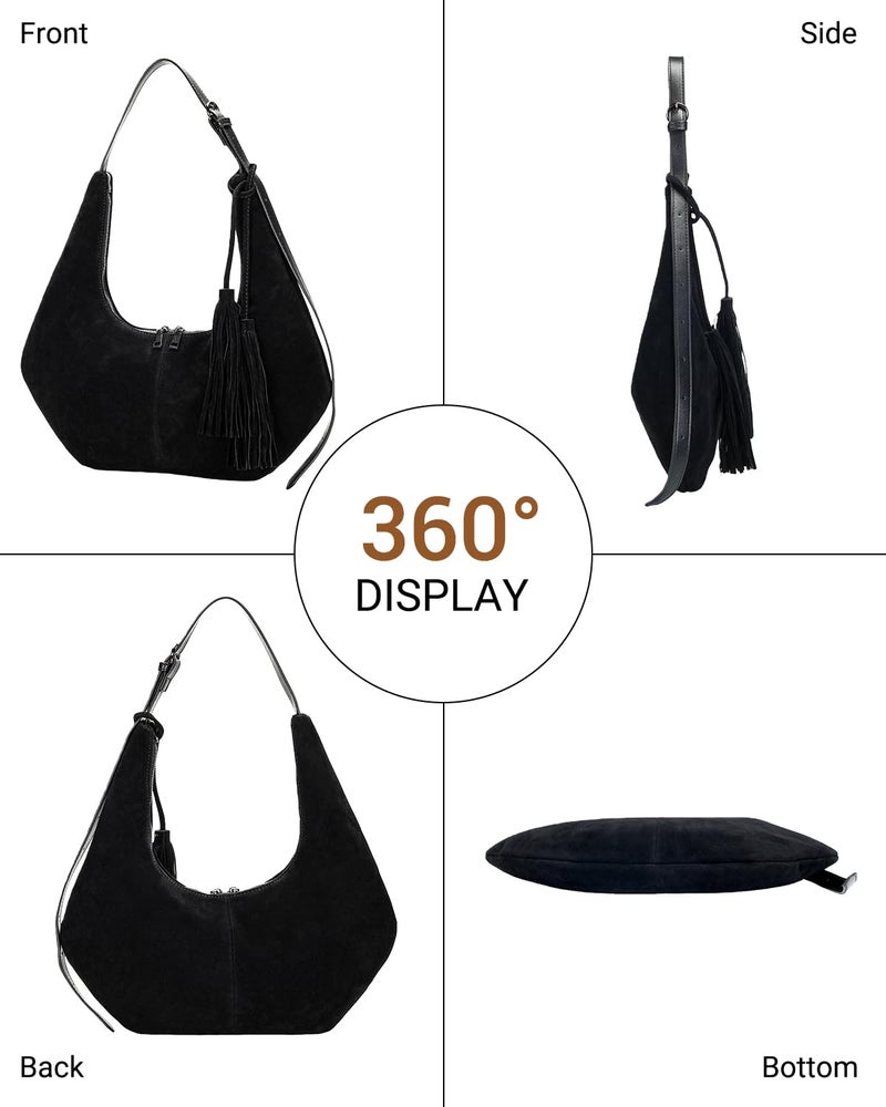 Herald Tassel Suede Hobo Shoulder Bag for Women, Retro Slouchy Crescent Crossbody Purse Handbag with Adjustable Strap (Black) - Image 3