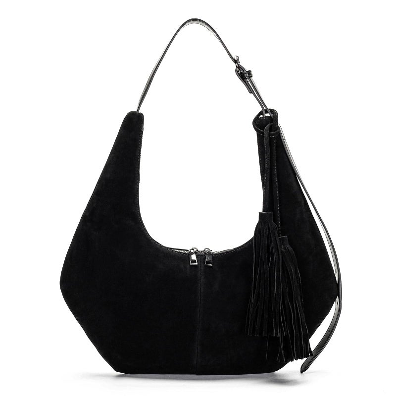 Herald Tassel Suede Hobo Shoulder Bag for Women, Retro Slouchy Crescent Crossbody Purse Handbag with Adjustable Strap (Black) - Image 1