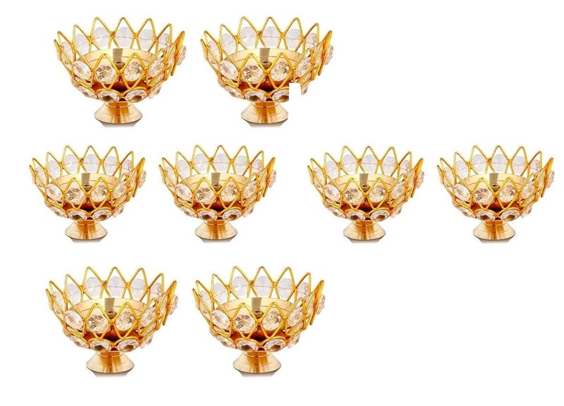 A & S VENTURES A&S VENTURES Crystal Diya for puja Decorative Brass Crystal Oil lamp Lotus Flower Shaped Round Brass Diya Deepak Lalten Home Decor Showpiece ( Pack of -08 ) - Image 3