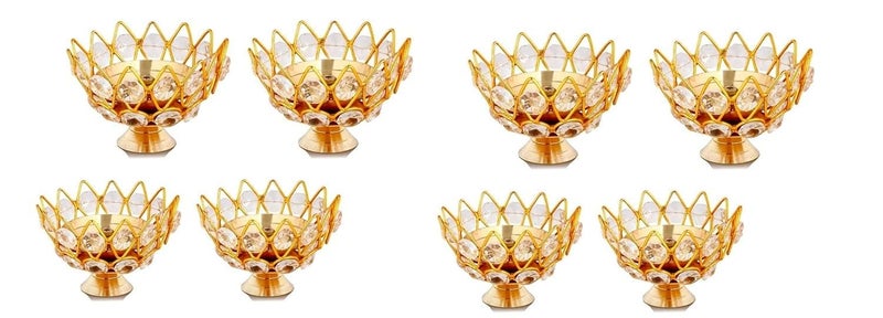 A & S VENTURES A&S VENTURES Crystal Diya for puja Decorative Brass Crystal Oil lamp Lotus Flower Shaped Round Brass Diya Deepak Lalten Home Decor Showpiece ( Pack of -08 ) - Image 2