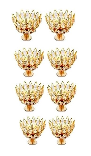 A & S VENTURES A&S VENTURES Crystal Diya for puja Decorative Brass Crystal Oil lamp Lotus Flower Shaped Round Brass Diya Deepak Lalten Home Decor Showpiece ( Pack of -08 ) - Image 1