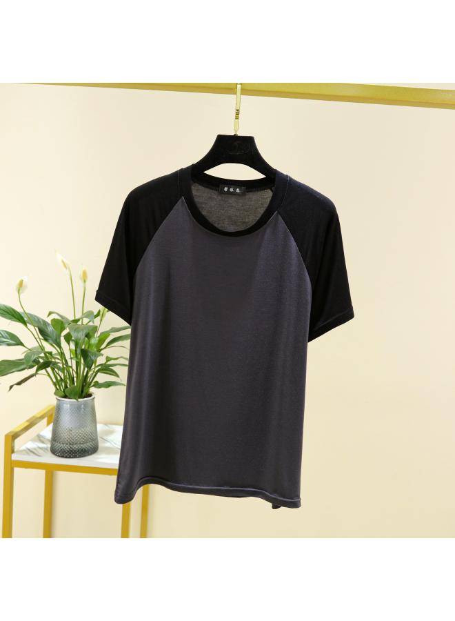 Song Feng Ya Modal Raglan Sleeve T-shirt Women's Summer Contrast Crewneck Short Sleeve Loose Thin Stitching Base Shirt Top 