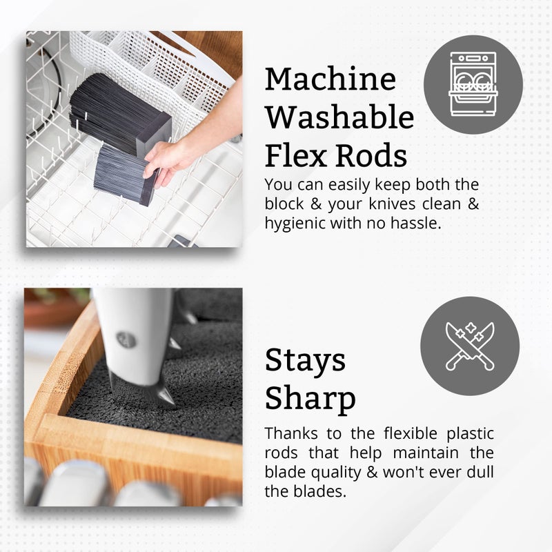 EVOLVE Bamboo Knife Block - Universal Kitchen Knife Holder - Safe & Space Saver Knife Storage that Covers Knife Blades Up To 9â€ & Holds Up To 20 Knives with Machine Washable & BPA Free Flex Rods. - Image 5