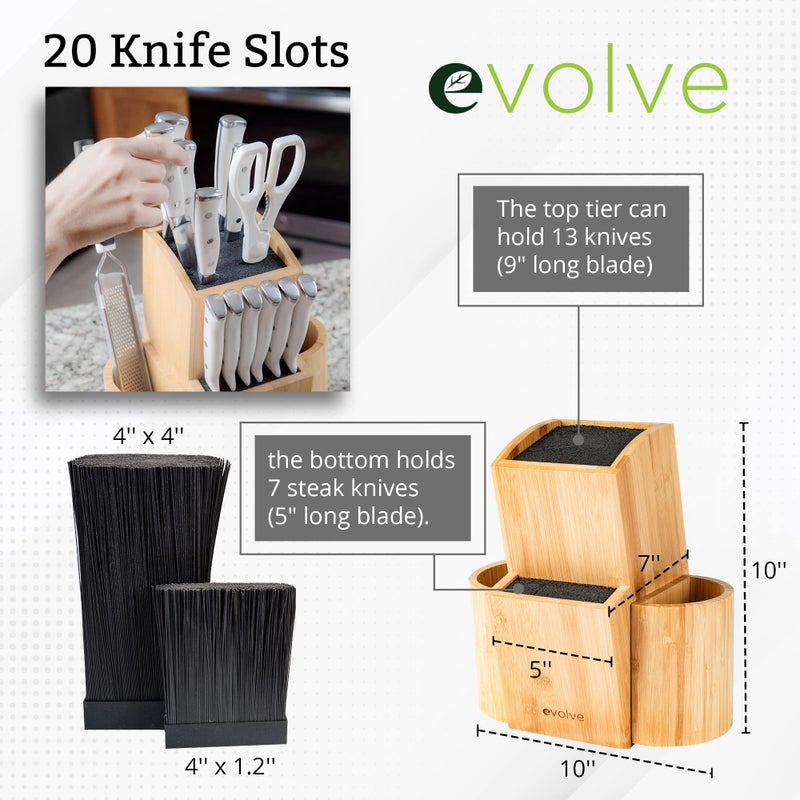 EVOLVE Bamboo Knife Block - Universal Kitchen Knife Holder - Safe & Space Saver Knife Storage that Covers Knife Blades Up To 9â€ & Holds Up To 20 Knives with Machine Washable & BPA Free Flex Rods. - Image 4