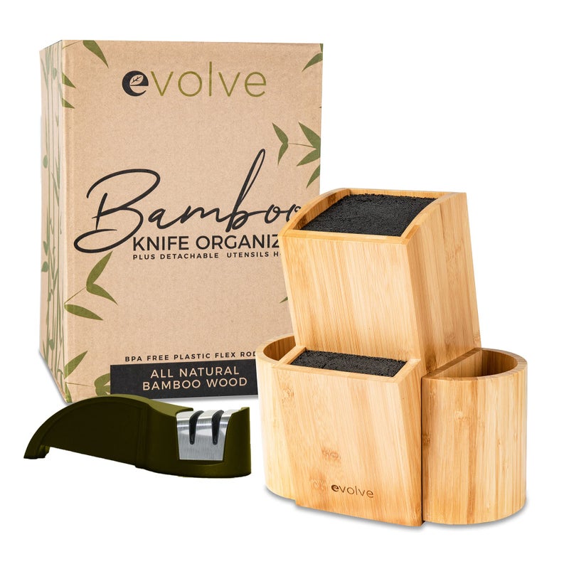 EVOLVE Bamboo Knife Block - Universal Kitchen Knife Holder - Safe & Space Saver Knife Storage that Covers Knife Blades Up To 9â€ & Holds Up To 20 Knives with Machine Washable & BPA Free Flex Rods. - Image 1