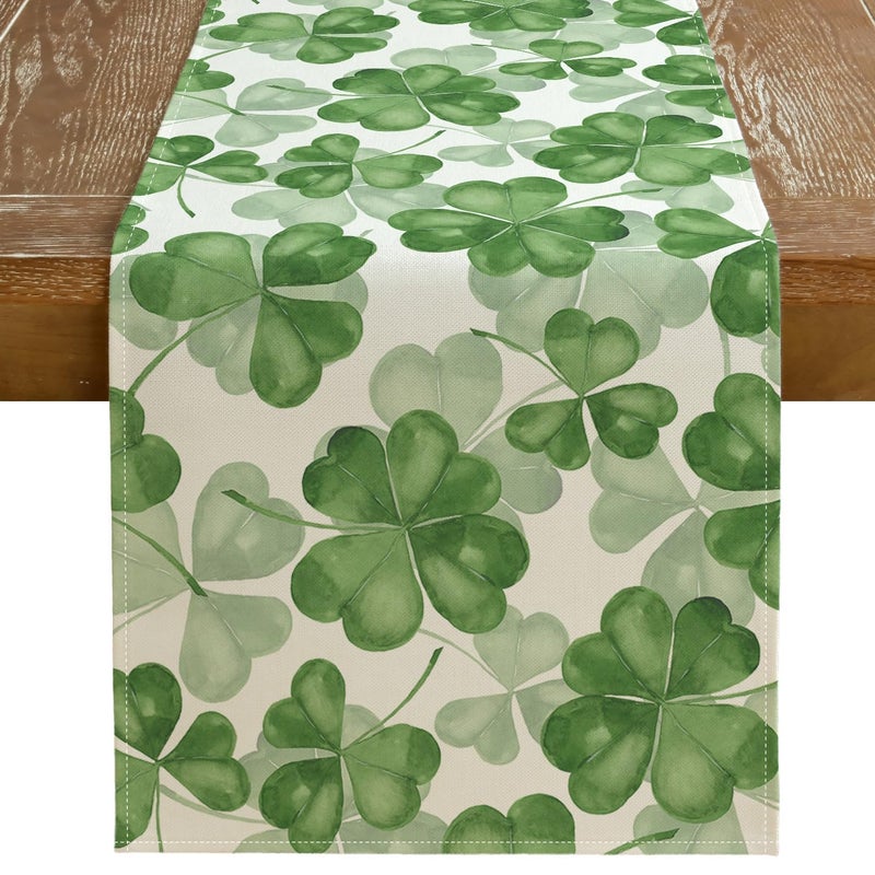 GEEORY St. Patrick's Day Decoration Table Runner 13x72 Inches - Green Shamrock Farmhouse Decor for Spring Indoor Kitchen Dining Table & Home Party - Image 1