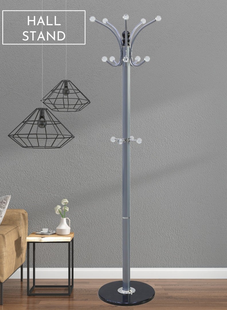 AFT Arfan Metal Coat Rack Stand With Natural Marble Base, Free Standing Hall Tree With 14 Hooks For Hanging Scarf, Bag, Jacket, Home Entry-Way Hat Hanger Organizer - Grey - Image 1