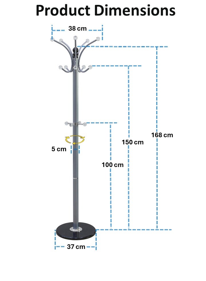 AFT Arfan Metal Coat Rack Stand With Natural Marble Base, Free Standing Hall Tree With 14 Hooks For Hanging Scarf, Bag, Jacket, Home Entry-Way Hat Hanger Organizer - Grey - Image 3