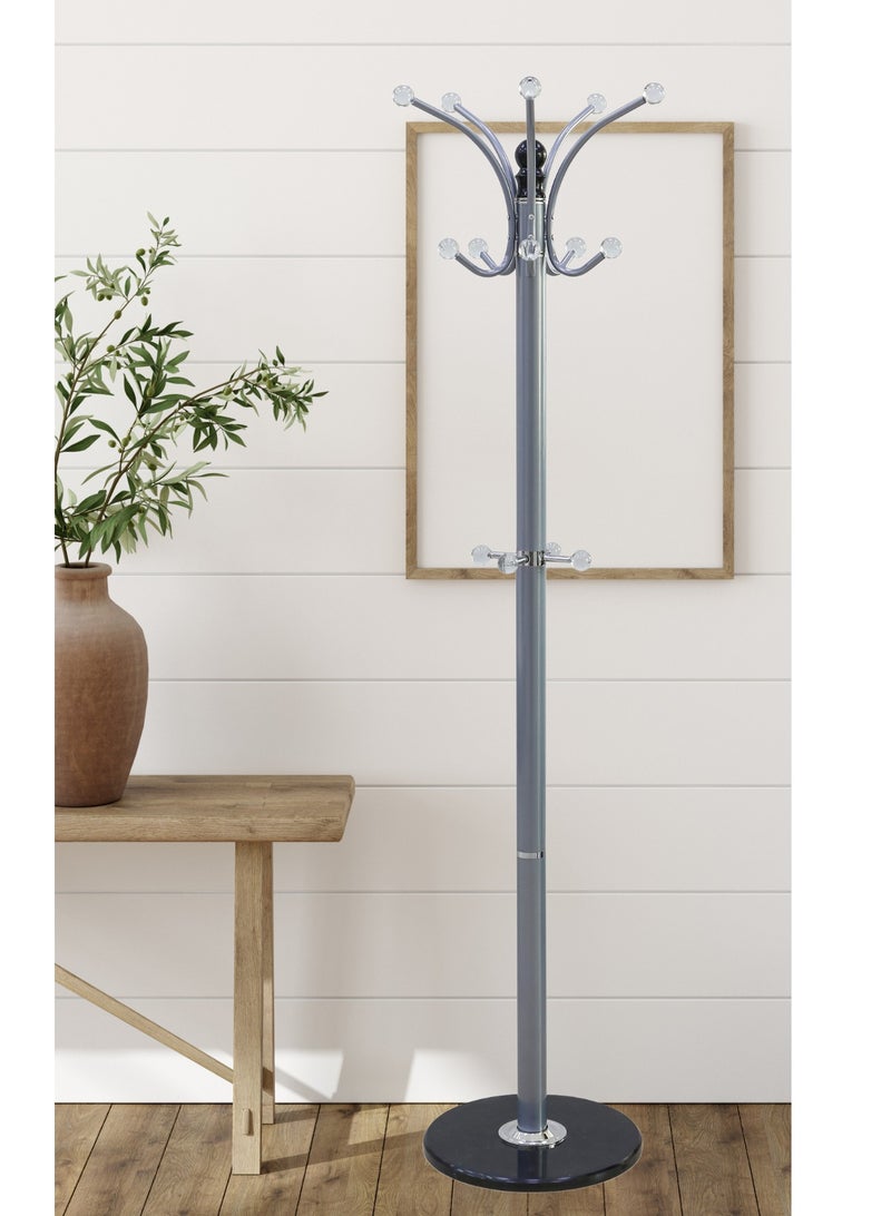 AFT Arfan Metal Coat Rack Stand With Natural Marble Base, Free Standing Hall Tree With 14 Hooks For Hanging Scarf, Bag, Jacket, Home Entry-Way Hat Hanger Organizer - Grey - Image 5