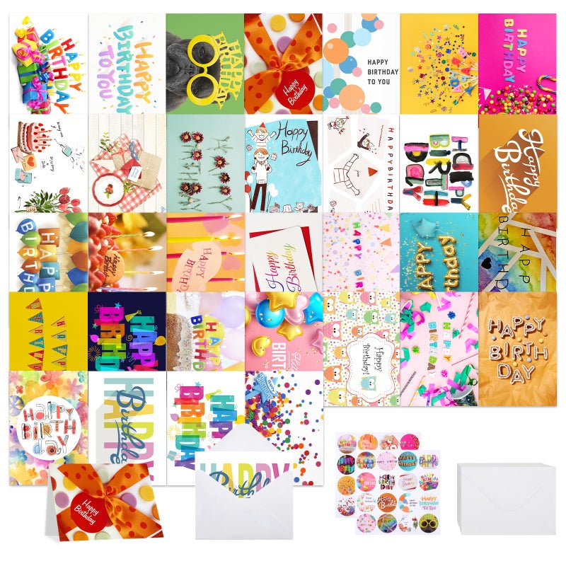 Joyberg 32 PCS Happy Birthday Cards Bulk with Envelopes, 4x6 Assorted Birthday Cards - Image 1