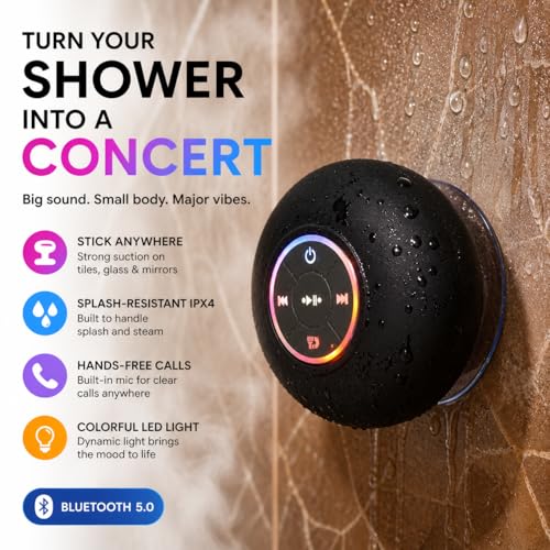 Luzsco Bluetooth Shower Speaker with LED – Portable Wireless Mini Speaker with Mic & Suction Cup, IPX4 Water Resistant for Shower, Travel, Pool, River Floating, and Outdoor Fun (Black) - Image 2
