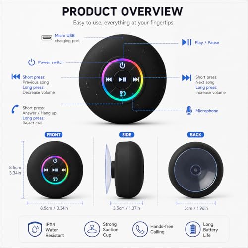 Luzsco Bluetooth Shower Speaker with LED – Portable Wireless Mini Speaker with Mic & Suction Cup, IPX4 Water Resistant for Shower, Travel, Pool, River Floating, and Outdoor Fun (Black) - Image 5