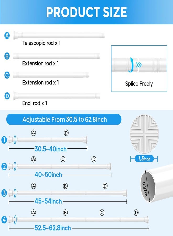 QINGYUN 4 Pack Tension Curtain Rod 30.5 to 62.8 Inch No Drilling, Adjustable Spring Tension Rod 7/8" Diameter Non Slip, White Shower Curtain Rod for Windows, Bathroom, Doorway, Closet, Kitchen - Image 3