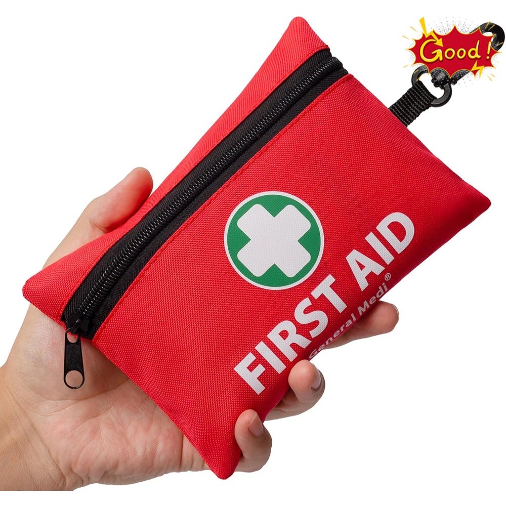 Small First Aid Kit - Includes Emergency Foil Blanket, Scissors for Travel, Home, Office, Vehicle, Camping, Workplace and Outdoor Red