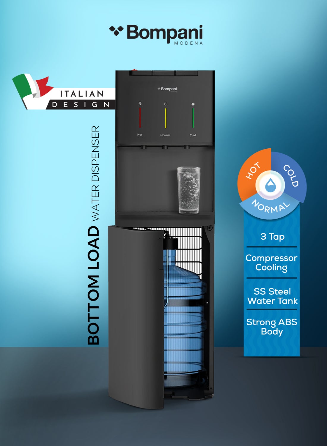 BOMPANI High-Performance Freestanding Water Dispenser with Hot, Cold & Normal Water, Bottom Loading & Thermostat - BWD302F BWD302F black