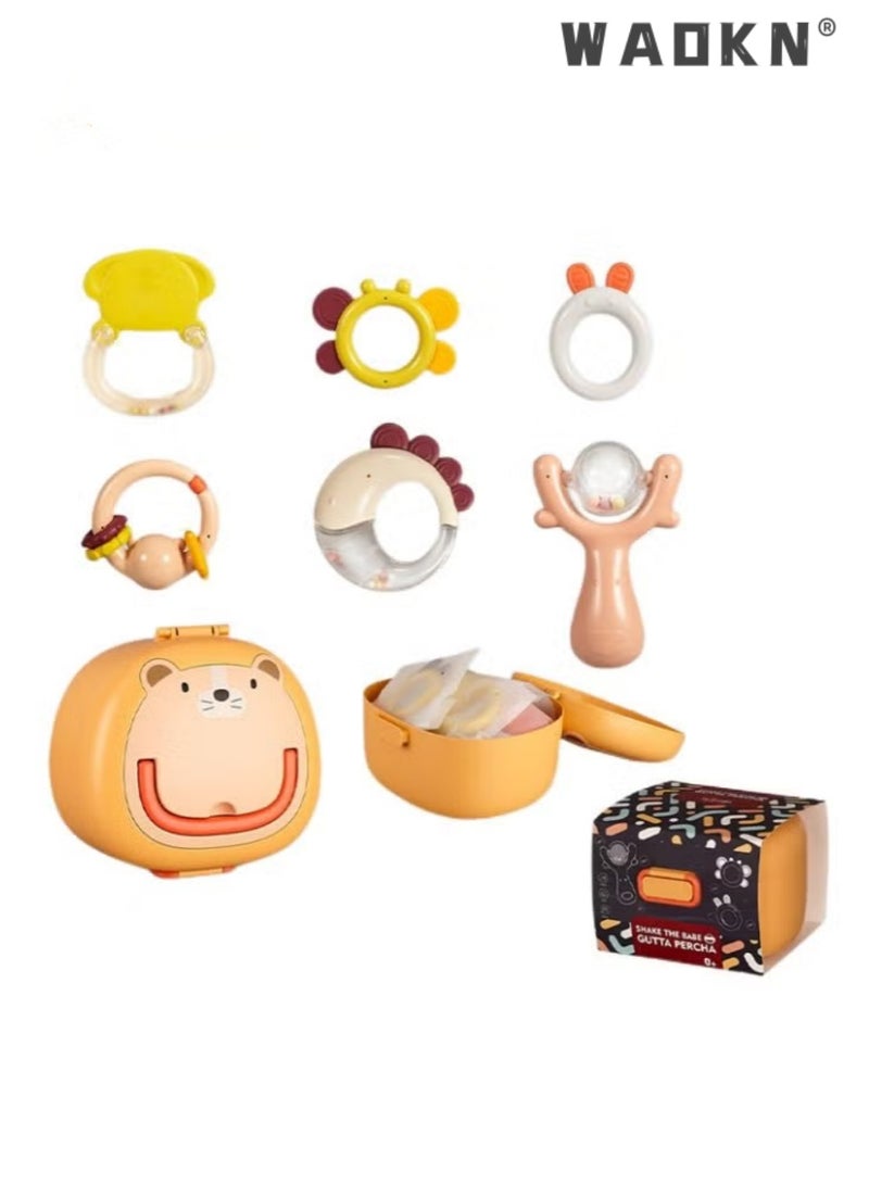 WAOKN Kids 6 Pieces Set With Storage Box Enlightenment Early Education Bell Ring Set Exercise Children Listening and Concentration Newborn Baby Toys Newborn Rattles Can Bite Babies 6-12 Months 19*12.5*18cm Orange  - Image 1