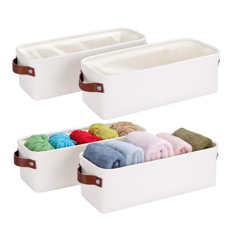 Kntiwiwo Small Fabric Storage Bins, 15x6x5 inch Narrow Storage Baskets 4-Pack Long Storage Basket for Organizing with Handles, Decorative Basket for Closets, Shelves, Toilet Paper, White - Image 1