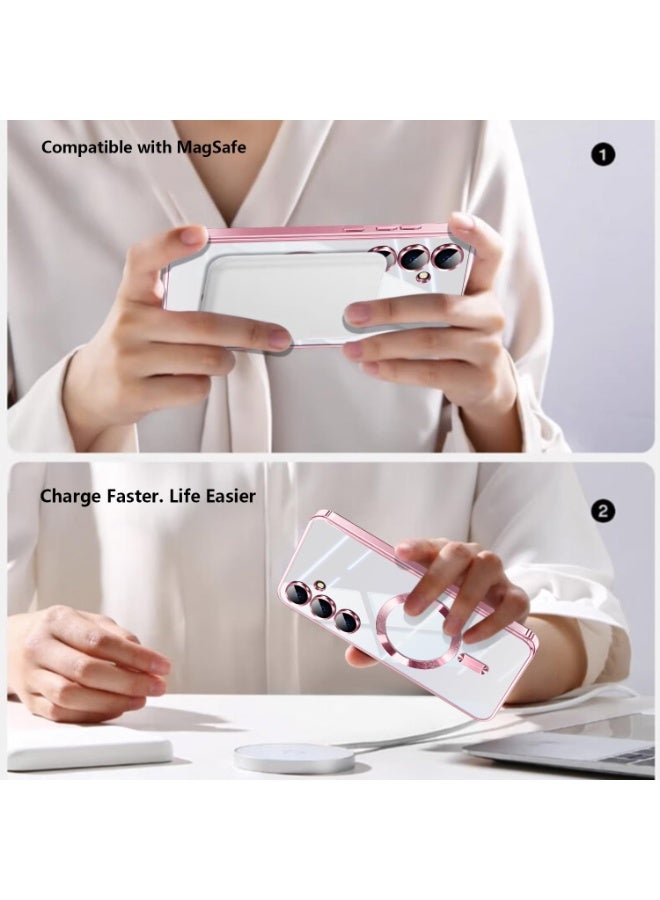 جراب مطلي بالكهرباء لهاتف Samsung Galaxy A25 مع حماية كاملة لعدسة الكاميرا ومتوافق مع الشحن اللاسلكي MagSafe، غطاء مغناطيسي ناعم مقاوم للصدمات من مادة TPU لهاتف Samsung Galaxy A25 (ذهبىي وردي) - Image 3
