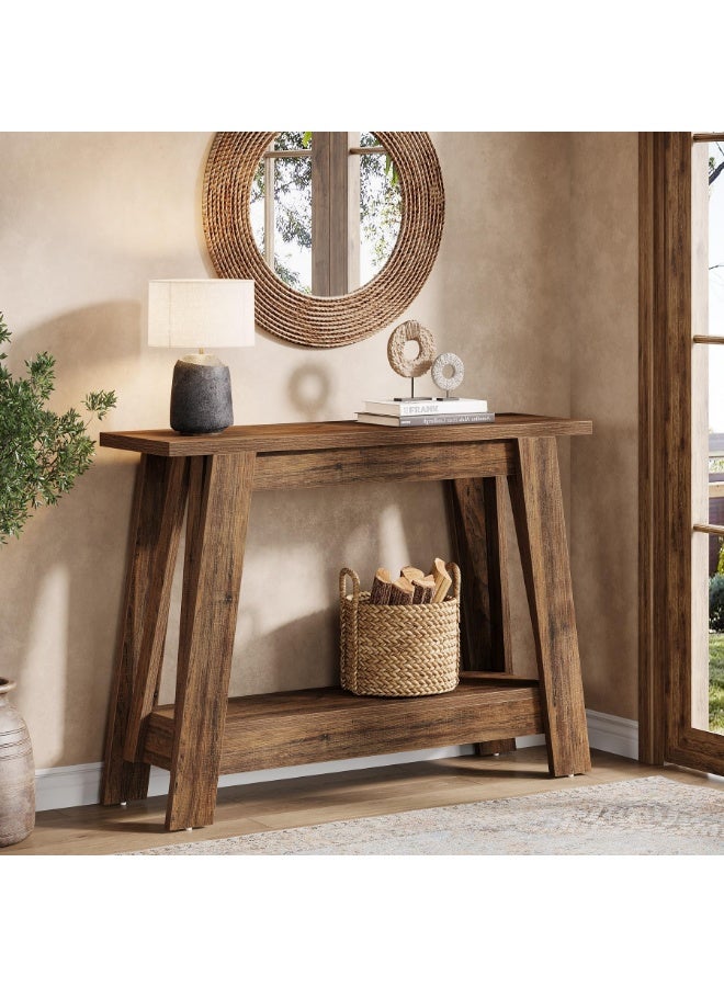 LITTLE TREE 105cm Farmhouse Console Table, 2-Tier Wooden Entryway Table with Storage, Rustic Narrow Behind Couch for Living Room, Hallway, Foyer, Rustic Brown - Image 1