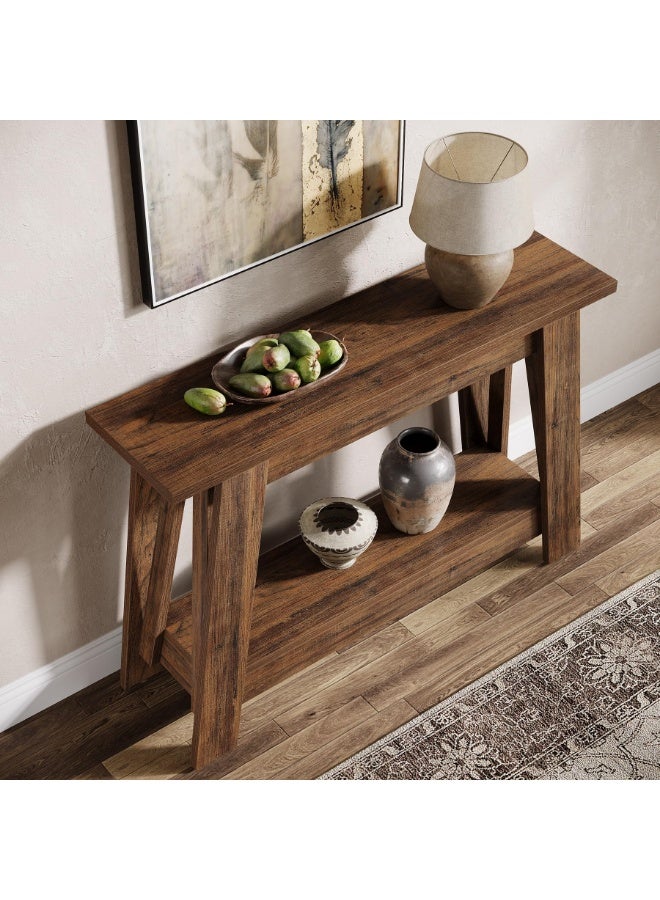 LITTLE TREE 105cm Farmhouse Console Table, 2-Tier Wooden Entryway Table with Storage, Rustic Narrow Behind Couch for Living Room, Hallway, Foyer, Rustic Brown - Image 4
