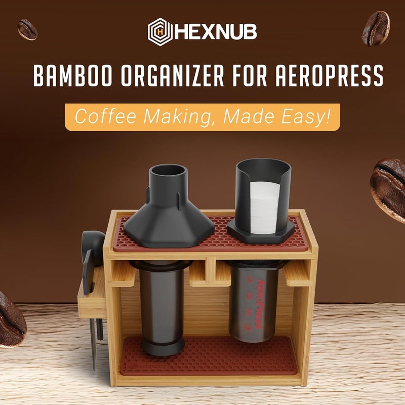 HEXNUB Store – Bamboo Organizer for AeroPress, Coffee Caddy Station Holds AeroPress Coffee Maker, Accessories, Filters, Cups, Stand includes Dripper Mats (Brown) - Image 2