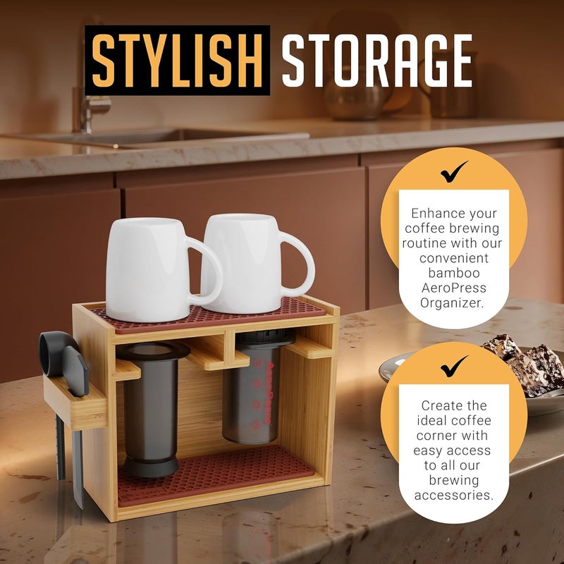 HEXNUB Store – Bamboo Organizer for AeroPress, Coffee Caddy Station Holds AeroPress Coffee Maker, Accessories, Filters, Cups, Stand includes Dripper Mats (Brown) - Image 4